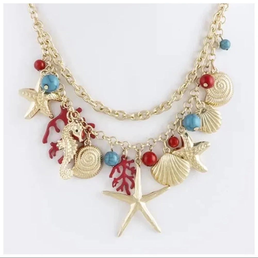 Layered Gold Coral Seashell Necklace - Picture 2 of 7